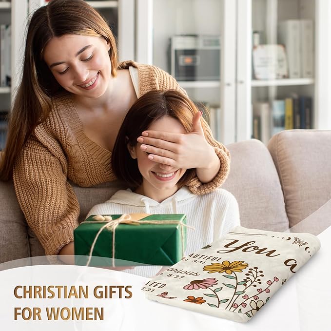 Christian Gifts for Women, Christian Floral Throw Blanket, Birthday Religious Gifts for Women Friendship, Inspirational Scripture Faith Gift for Friend, Sister, Mom, Daughter (50'' x 60'', Beige)