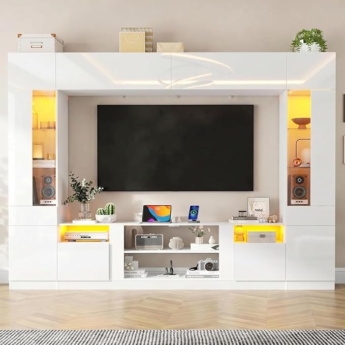 St.Mandyu 107" W Large Wall Unit TV Stand, Modern High Glossy Entertainment Center with Bookshelves and Storage, Media Console with LED Lights & Bridge Cabinet for TVs Up to 85", White by StMandyu