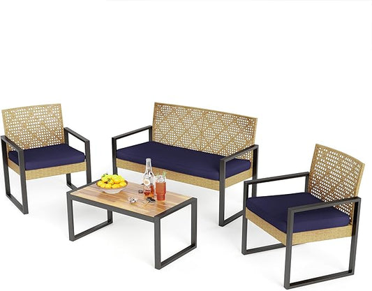 PHI VILLA Patio Wicker Furniture Set for 4, Yellow Rattan Loveseat & Chairs with Blue Cushions & Acacia Wood Coffee Table, Outdoor Modern Conversation Sofa Set for Deck, Yard, Porch