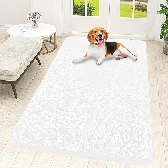 OLANLY Dog Door Mat for Muddy Paws 59x32, Absorbs Moisture and Dirt, Absorbent Non-Slip Washable Doormat, Quick Dry Chenille Mud Mat for Dogs, Entry Indoor Entryway Carpet for Inside Floor, White by OLANLY