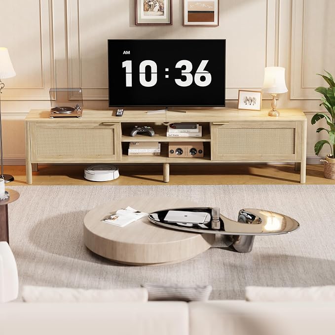 IKALIFE Rattan TV Stand for Living Room - Fits up to 65 Inch TVs, Rattan Media Console Table with Adjustable Shelves & 2 Storage Cabinets, Mid-Century Modern Entertainment Center, Oak 58" - Image 6