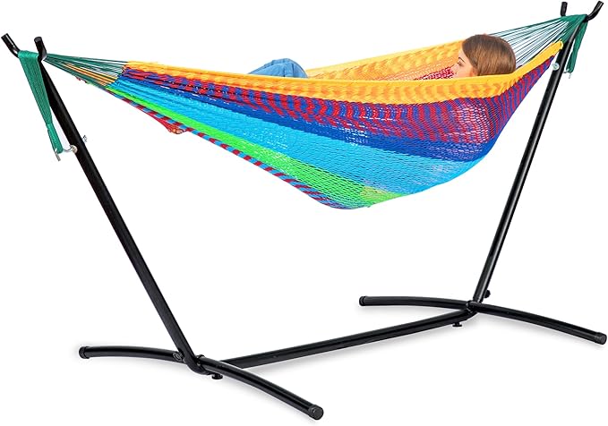 PNAEUT Double Hammocks with Stand for Outside, Portable Space Saving Heavy-Duty Steel Stand for Indoor Outdoor Patio (Mayan Rainbow) by PNAEUT