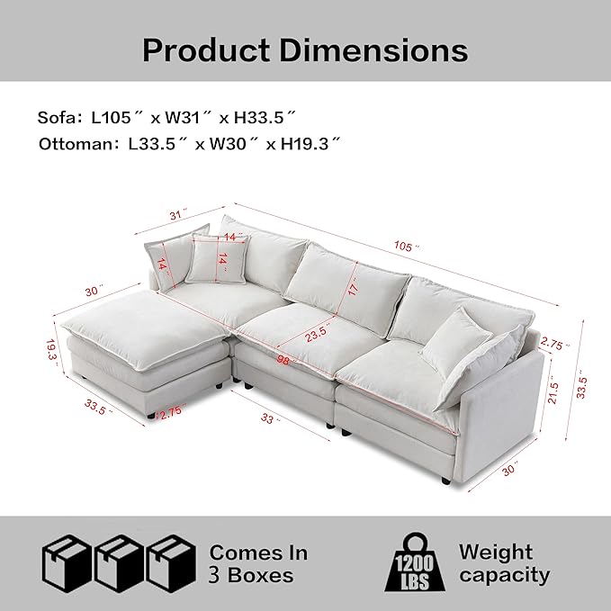 105" Oversized Modular Cloud Sectional Sofa Free Convertible L-Shaped Corner Sectional with Movable Ottoman, Chenille Upholstered Multiple Cushions Cloud Sofa Couches | Easy to Assemble