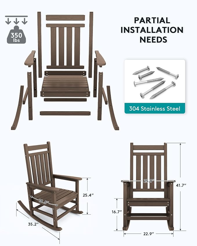 SERWALL Oversized Rocking Chair, Outdoor Rocking Chair for Adults, All Weather Resistant Porch Rocker for Lawn Garden, Brown - Image 3