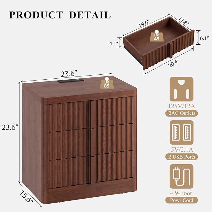 23.6" Nightstand with Charging Station, Bedside Table with 3 Storage Drawers, Mid Century Modern Night Stand with Solid Wood Handle, End Table for Bedroom, Living Room, Walnut - Image 3