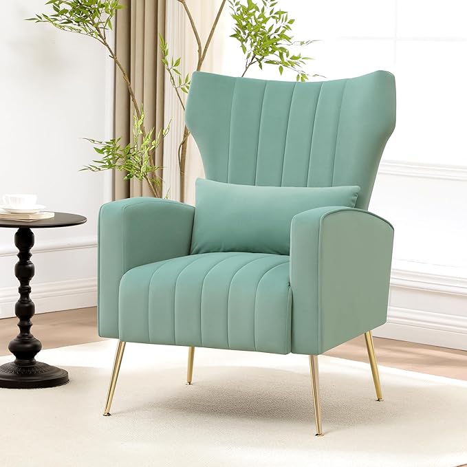 Modern Accent Chair Upholstered Living Room Chair,High Back Arm Chair with Metal Legs Lumbar Reading Chair for Bedroom, Apartment, Small Spaces Lake Green