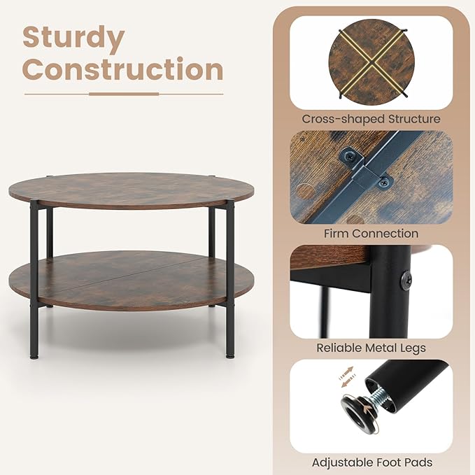 Giantex Round Coffee Table, 33.5" Small Center Table with Open Storage Shelf and Heavy-Duty Metal Frame, 2-Tier Wood Cocktail Accent Table, Living Room Tables for Small Spaces, Rustic Brown