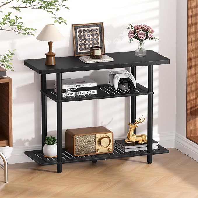 Bamboo TV Stand, Small TV Stands for up to 32 Inch, 3-Tier Entertainment Center TV Shelf with Storage, Sturdy Corner TV Stand for Small Spaces, Black - Image 8