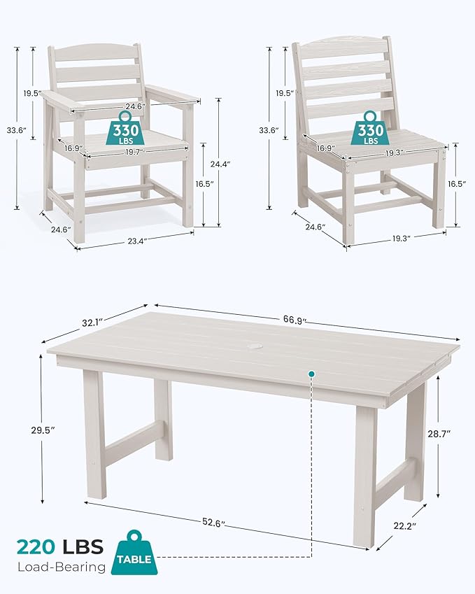 SERWALL Patio Dining Sets for 6 Person, HDPE Dining Set with 6 Armless Chairs, White - Image 2