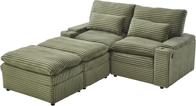 Modular Sectional Sofa Convertible Loveseat Couch,2-Seater Deep Seat Loveseat Sofas Fluffy Corduroy Cloud Couches with Movable Ottoman, Storage Armrest,USB Ports, Cup Holders