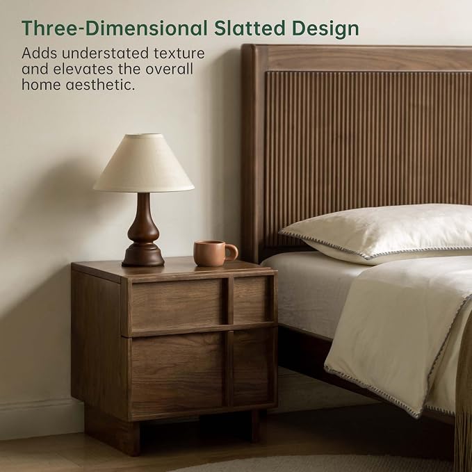 YESWOOD Solid Wood Nightstand, Walnut Nightstand with Drawers, Mid Century Modern Nightstands, Wood Bedside Table for Small Space. Boho Night Stand, Fluted Night Stands for Bedroom, 18.90" H - Image 6
