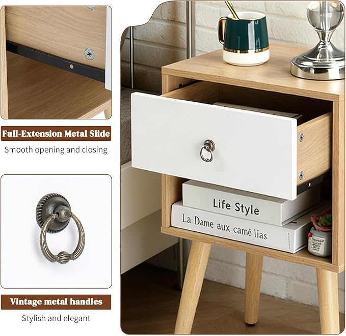 Bonnlo Nightstand Set of 2, Modern Bedside Table with Drawer Open Shelf, End Table with Solid Wood Legs for Bedroom, Oak - Image 4