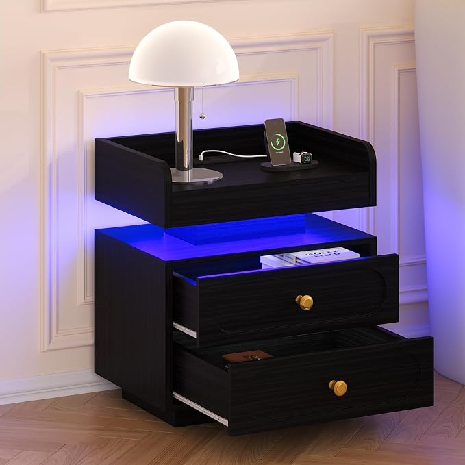 4ever2buy Black Nightstand Set of 2 with Adjustable LED Lights and Charging Station Modern Bedside Tables with 2 Drawers End Tables for Bedroom - Image 9