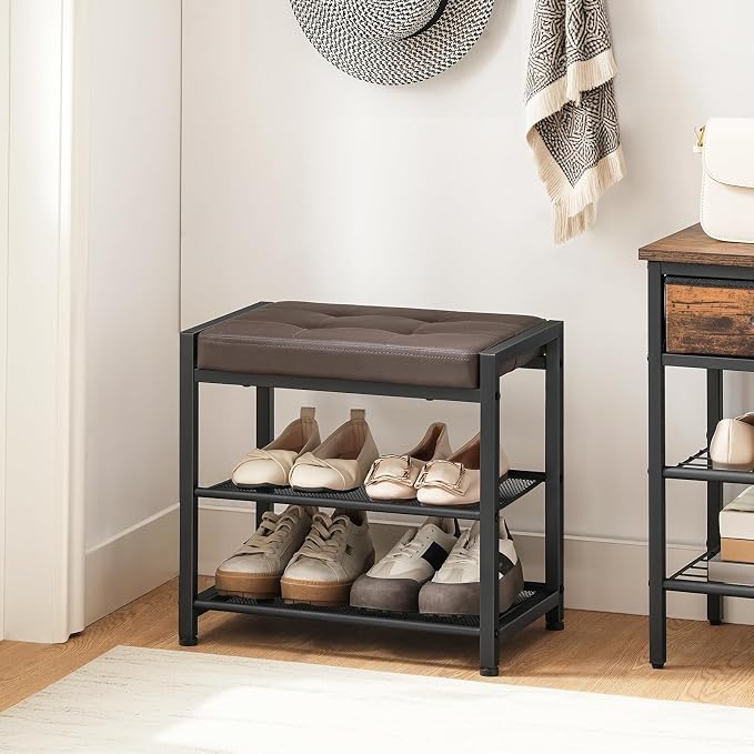 HOOBRO Small Shoe Bench, 3-Tier Shoe Rack, Shoe Storage Bench with PU Seat Cushion, Entryway Shoe Rack Bench with Metal Mesh Shelves, Freestanding Shoe Organizer for Hallway, Brown CB33HX01 - Image 2