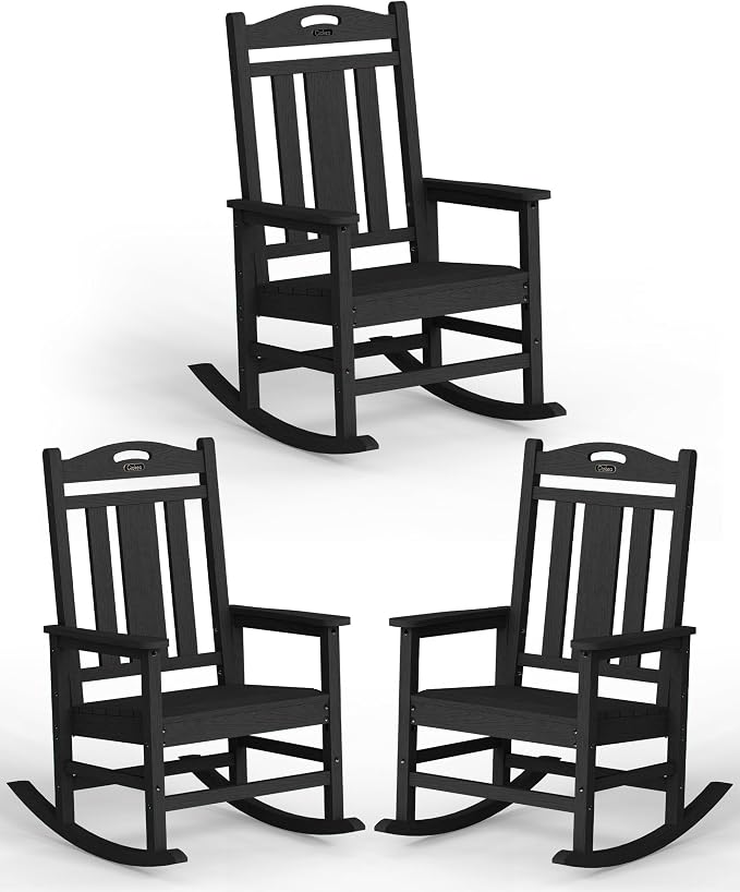Ciokea Oversized Outdoor Rocking Chairs Set of 3, 380lbs Heavy-Duty Large Patio Rocker, High Back Cozy Porch Chairs, Weather Resistant Patio Rocking Chairs for Outside, Fire Pit, Deck, Black by CIOKEA