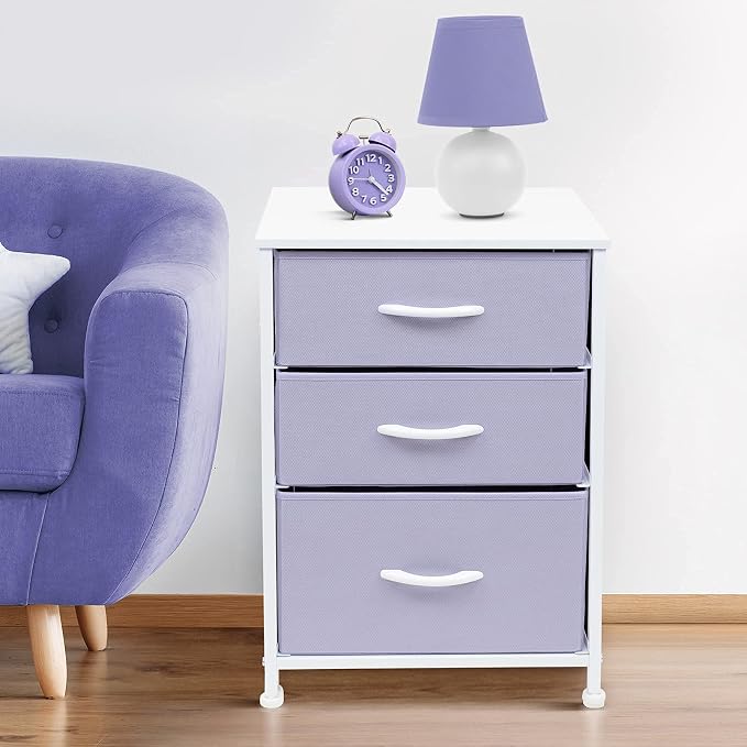 Sorbus Nightstand with 3 Drawers - Furniture Storage Chest Tower Unit for Bedroom, Hallway, Closet, Office Organization - Steel Frame, Wood Top, Pastel Fabric Bin (Purple) - Image 6