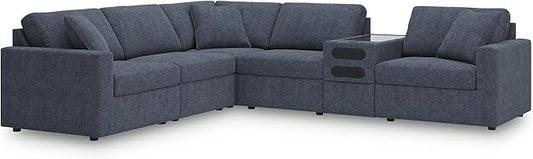 Signature Design by Ashley Modmax Contemporary Stain Resistant Left-Arm Facing 6-Piece Sectional with Audio Console, Armrest, Throw Pillows and Reversible Cushions, Blue