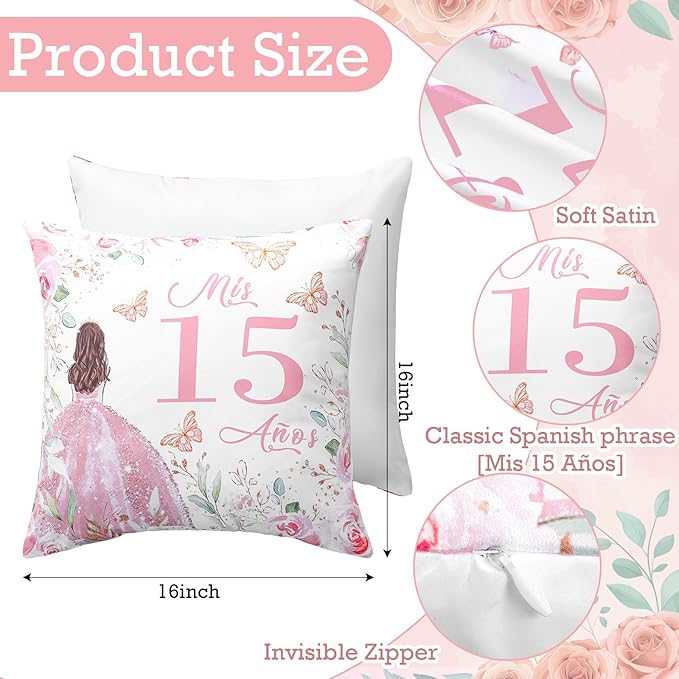 Kathfly Cojines para 15 Años De Quinceañera Decoration 16 x 16 Inche Pink Quinceañera Pillow Gifts Mis Xv Años Throw Pillow Sweet for Daughter Sister Friend 15th Birthday Gifts