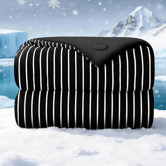 Pinstripe Cooling Comforter Queen Size, Q-Max 0.45 Reversible Striped Cooling Blanket for Hot Sleepers, Breathable Lightweight Silk Smooth Summer Bedding, Quilted Ice Blanket, Black