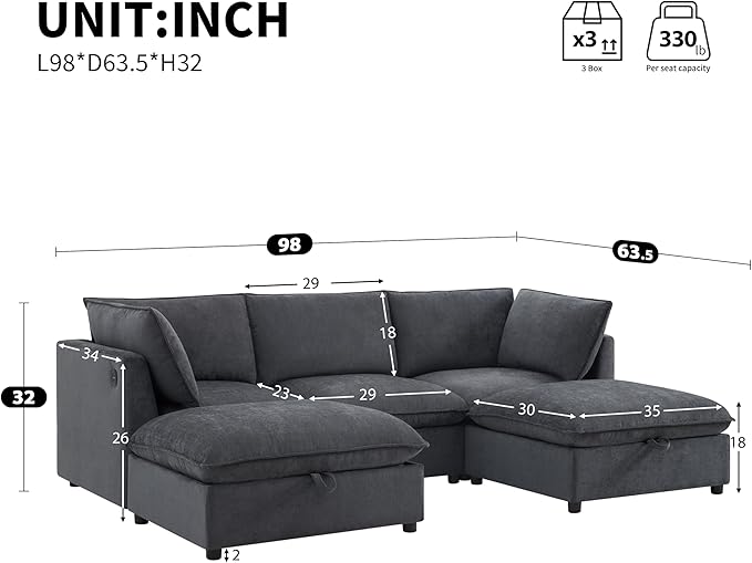 Merax Modern U-Shaped Sectional Sofa with 2 Movable Storage Ottomans, Chenille 6-Seat Couch Set with Fold-Down Backrest Table, Charing Ports, Cup Holders for Living Room,Small Space, Gray