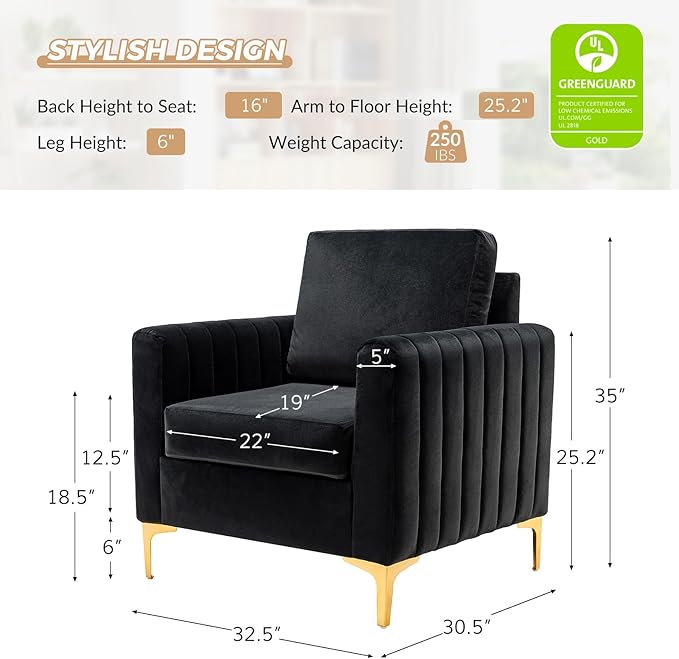 HULALA HOME Velvet Accent Club Chairs Set of 2, Modern Velvet Armchair Upholstered Accent Club Chairs Sofa Chairs with Gold Metal Legs Mid-Century Barrel Leisure Comfy Reading Armchair, Black