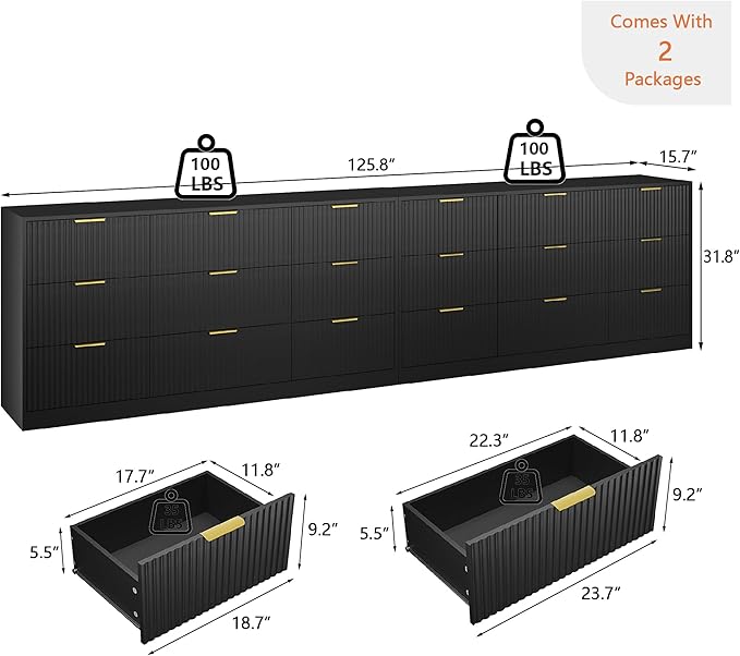 Black Dresser Set of 2, Long Dresser for Bedroom Wooden with 18 Drawers, Fluted Modern Bedroom Furniture Set, TV Stand Dressers & Chests of Drawers for Closet (15.7"D x 125.8"W x 31.8"H)