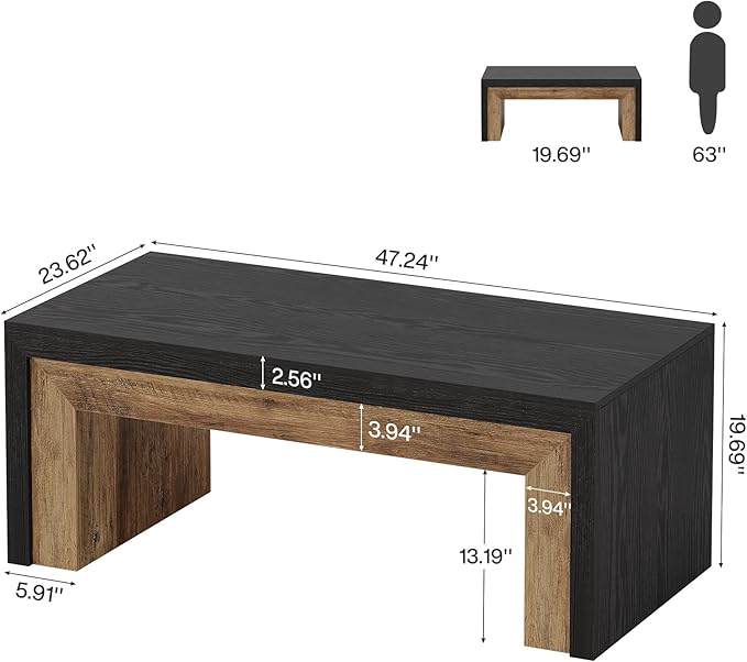 Tribesigns 47-Inch Coffee Table for Living Room, Mid-Century Modern Coffee Table with Sturdy Base, Farmhouse Rectangle Accent Center for Apartment, Easy Assembly (Black & Walnut)