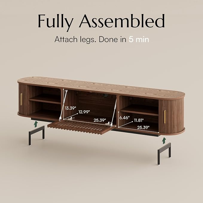 POVISON Fully-Assembled Mid Century Modern TV Stand for 75 inch TV, Sliding Door Entertainment Center with Storage, Wood TV Console, Media Console for Living Room Bedroom(Walnut, 78.74") - Image 7