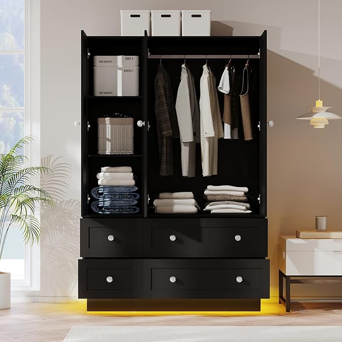 VOWNER Wardrobe Closet with 3 Doors, Bedroom Armoire with Mirror, LED Light, 4 Drawers and Hanging Rod, Large Capacity Storage Closet for Bedroom, Black 47" L