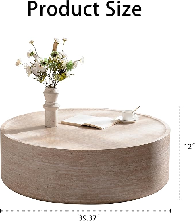 Round Coffee Table in Faux Marble, 39.37" W × 12" H Stone Coffee Tables for Living Room, Modern Drum Center MDF Vintage Design Low, Office, Apartment No Assembly Required Beige Mars