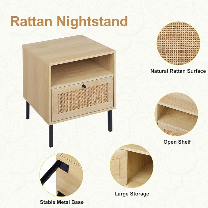 Angel Sar Rattan Nightstands Set of 2, Boho Night Stand with 1 Door, Accent End Table, Wood Bediside Table with Metal Legs&Open Shelf, Natural Wood - Image 5