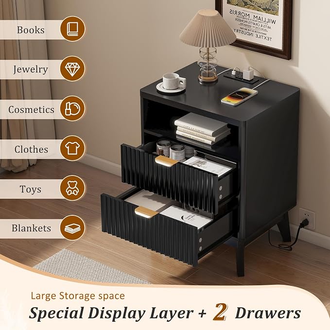 LYNCOHOME Fluted Nightstand with Charging Station, 19.7 inch Wide End Table with 2 Drawers, Modern Wood Bedside Table for Bedroom, Night Stand Set of 2, Black - Image 3