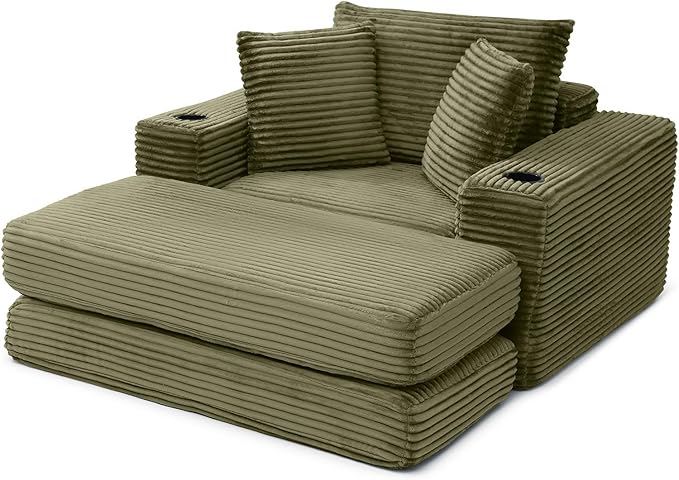 Eafurn 52.4" Oversized Chaise Lounge Indoor with Foldable Ottoman Convertible Boneless Sleeper Sofa Bed, Deep Seat Lounge Chair with Cup Holder & Side Pocket, No Assembly for Living Room | Breathable material, Cupholders