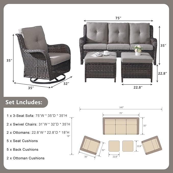 Rilyson Wicker Patio Furniture Set - 5 Piece Rattan Outdoor Sectional Conversation Sets with 2 Rocking Swivel Chairs,2 Ottomans and 1 Sofa for Porch Deck Garden(Brown/Grey)