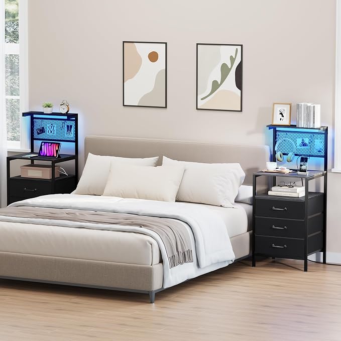 Tall Nightstand with Charging Station and LED Lights, Large Night Stands with 3 Fabric Drawers, Bedside Table with Storage Shelves and Hooks for Bedroom, Office, Dorm, Black - Image 2