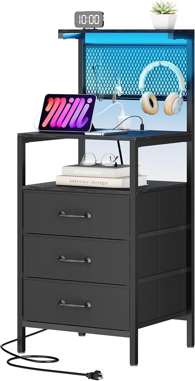 Tall Nightstand with Charging Station and LED Lights, Large Night Stands with 3 Fabric Drawers, Bedside Table with Storage Shelves and Hooks for Bedroom, Office, Dorm, Black by Unknown