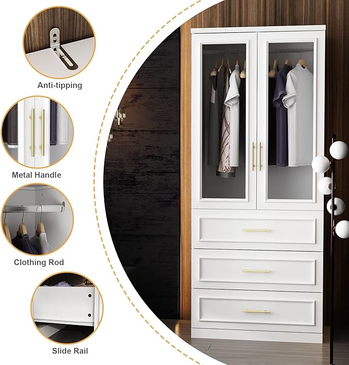 FAMAPY 2 Glass Door Wardrobe with 3 Drawers, Armoire Wardrobe with Hanging Rod, Gold Metal Handles, Closet for Bedroom White (31.7'W x 19.3'D x 74.9'H)