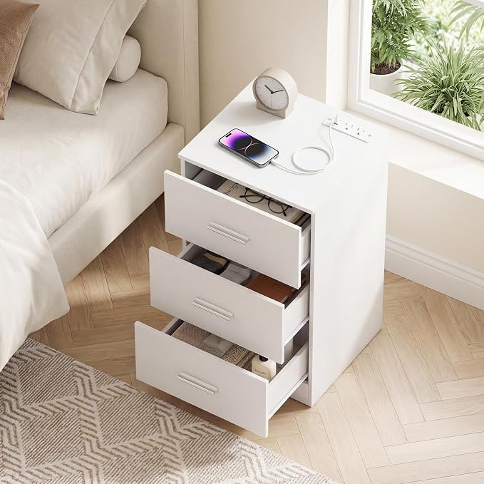 KOMFOTT 3-Drawer Nightstand, Modern Drawer Organizer with Power Outlet, Compact Bedside Storage End Table for Bedroom, Small Spaces (White,1) - Image 2