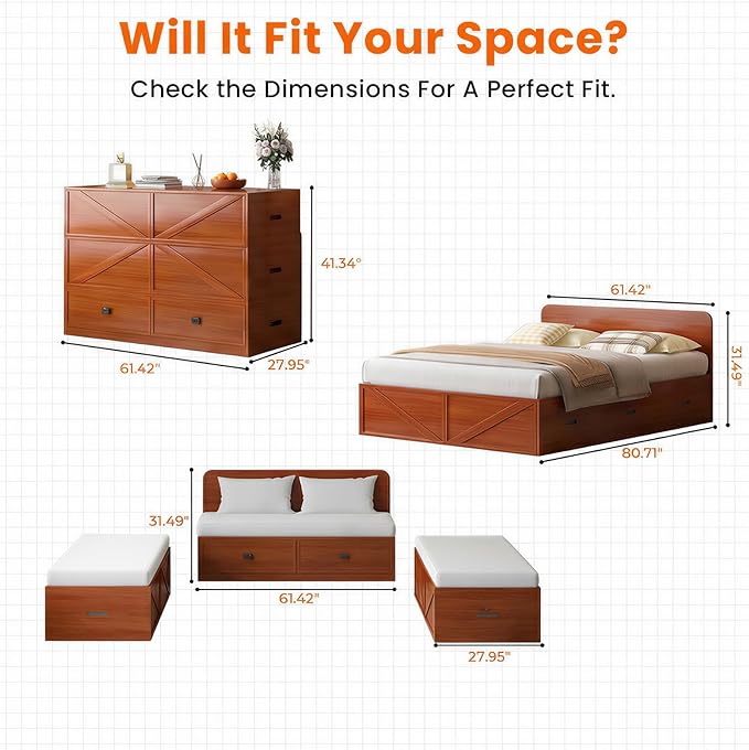 CECER Murphy Bed Queen with Mattress Include，Murphy Bed Queen with Storage Drawers，Multi-Functional Desgin that Converts to Sofa Set for Small Spaces/Guest Room/Bedroom（Maroon）