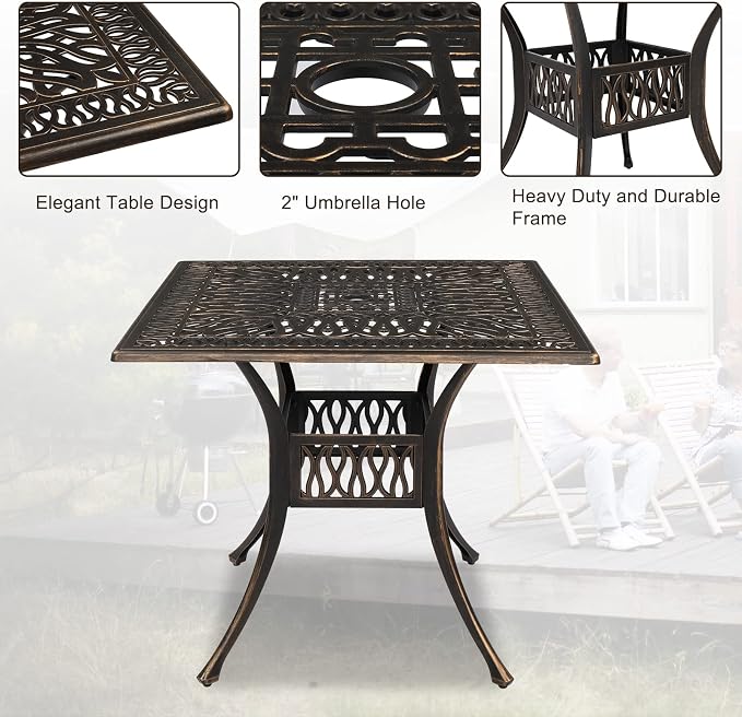 VINGLI 5-Piece Outdoor Patio Dining Set, Cast Aluminum All-Weather Outdoor Table and Chairs w/Cushion, Outdoor Furniture Set w/Umbrella Hole for Backyard Deck Poolside (Square, Elizabeth Back) - Image 6