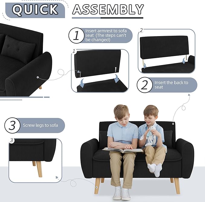 Shintenchi Small Modern Loveseat Couch Sofa, Mid Century Fabric Upholstered 2-Seat Sofa Couch Love Seats Furniture for Small Space,Living Room,Studio,Apartment with 2 Pillows,Black