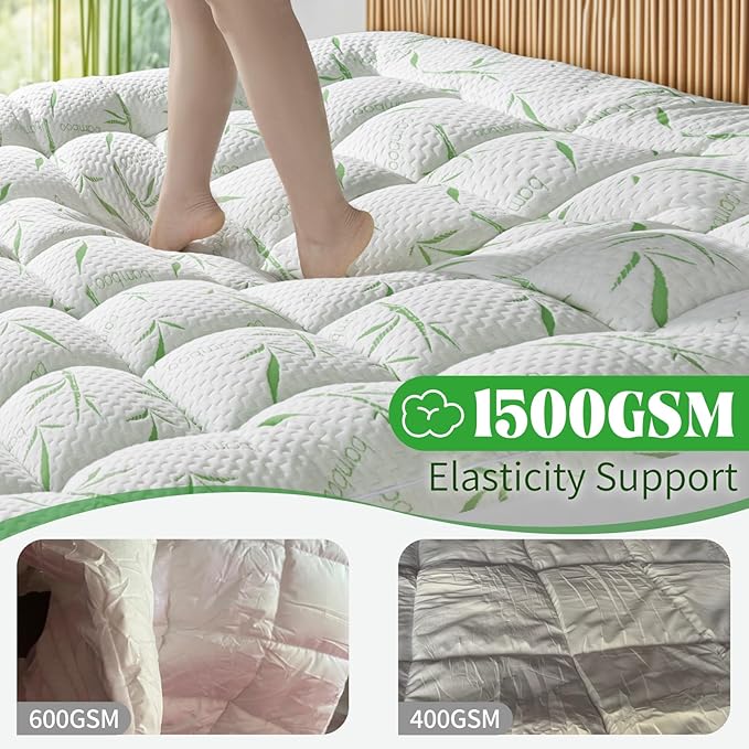 LIANLAM 3 Inch Mattress Topper Queen Size - 1500GSM 3D+7D Down Alternative Fill Pillow Top Mattress Pad, Viscose Made from Bamboo Cover, Extra Firm for Back Pain, 6"-18" Deep Pocket (60"x80")