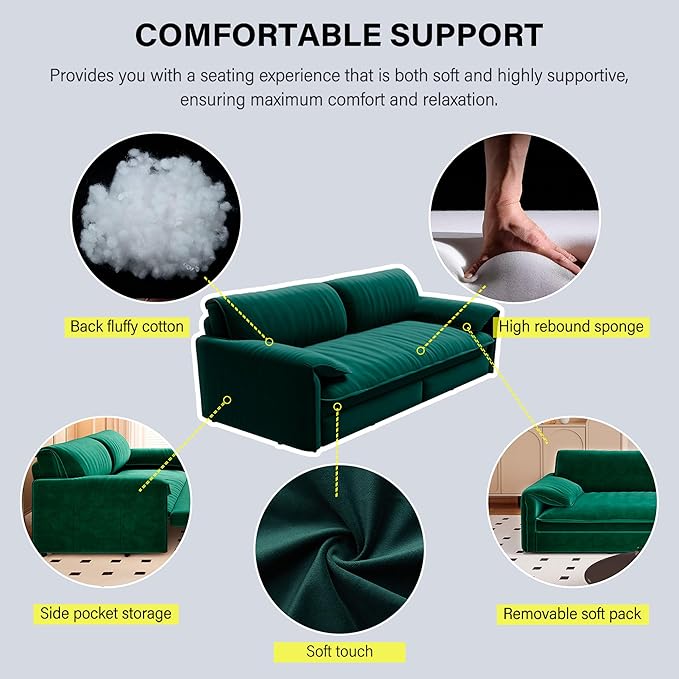 66" Queen Size Pull Out Sofa Bed, 3-in-1 Convertible Sleeper with Side Storage and Wheels, Velvet Loveseat for Living Room, Apartment, Bedroom, Green (Mattress & Bedding Not Included)
