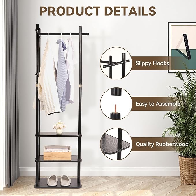Wood Coat Rack Freestanding Clothing Rack with 3 Storage Shelves and 5 Hooks Coat Tree Heavy-Duty Garment Rack for Corner Entryways Living Rooms and Bedrooms, Black - Image 2