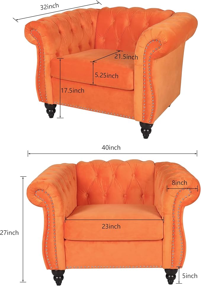 LEVNARY Velvet Chesterfield Armchair, Modern Sofa Chair with Button Tufted Backrest, Tufted Upholstered Rolled Chair for Home Reading Room (Orange)