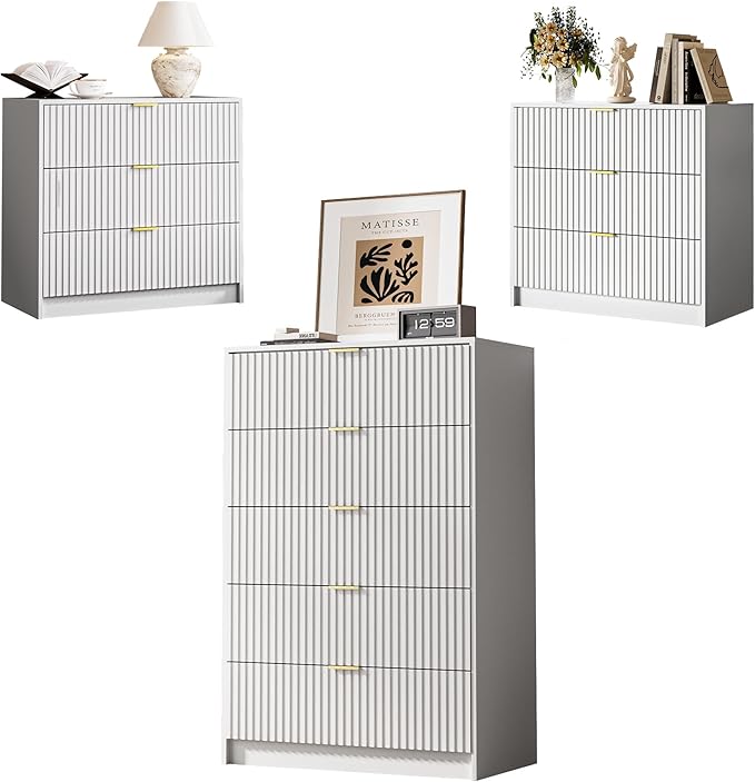 MAISONARIA 3-Piece Dresser Bedroom Set, 5 Drawer Dresser & 3 Drawer Nightstands with Gold Handles, Fluted Wood Chest of Drawers for Bedroom, Living Room, Entryway, White