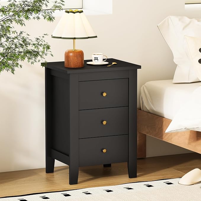 Giantex Nightstand with 3 Drawers, Wood Black Stand Bedside Table w/Storage Drawer & Round Metal Knobs, Modern End Side Table for Dorm Bedroom Small Spaces, 14.5" D x 18" W x 26" H - Image 4