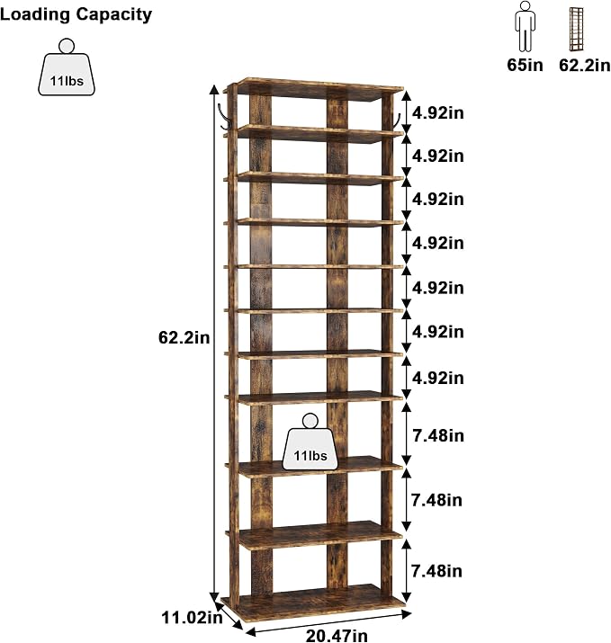 HOMEFORT 10-Tier Vertical Shoe Rack, Corner Shoe Tower, Double Rows 10 Tiers Shoe Shelf, Slim Shoe Storage Unit for 20 Pairs of Shoes, Shoe Stand for Entryway, Hallway, Closet (Rustic Brown) - Image 3