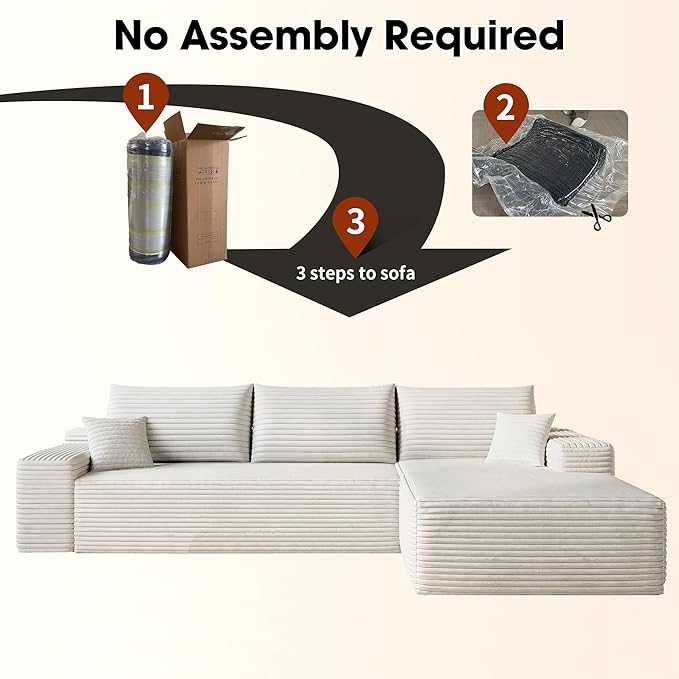 Modular Sectional Sofa Boneless Couch with Deep Seats, 108" L Shape Memory Foam Compression Cloud Couch with Chaise Lounge, Floor Sectional Sofa for Living Room
