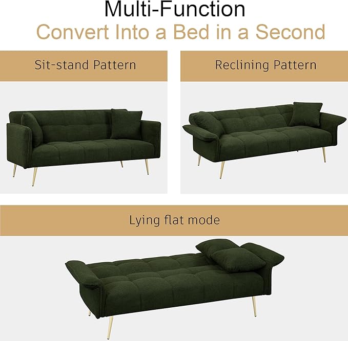 70 inch Upholstered Teddy Fleece Sofabed with Adjustable Arms and Backrest,Modern Convertible Futon Couch W/Metal Legs & Pillows,Love Sofa for Living Room,Bedroom,Apartment,Green, 70"